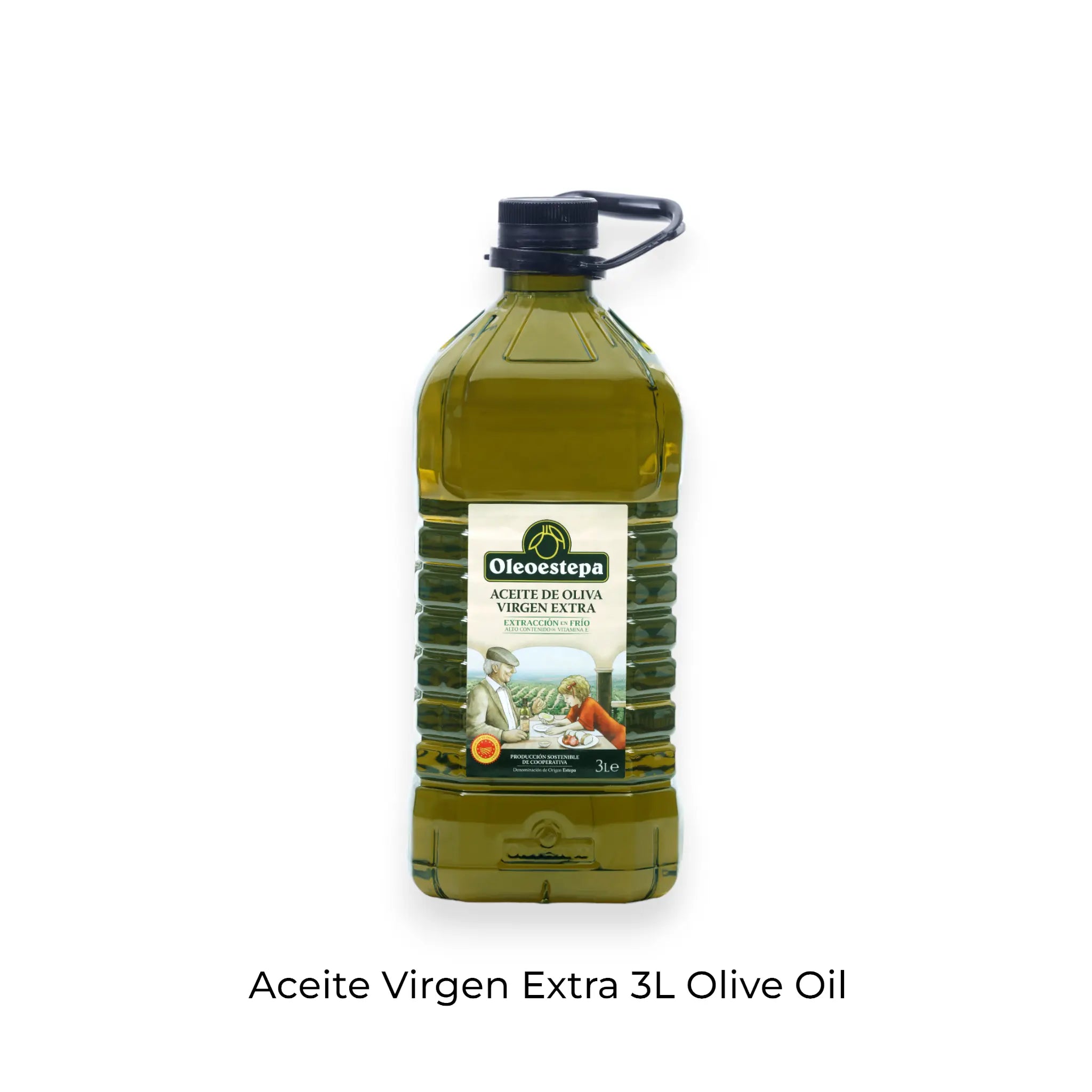 Back view of 3-liter Oleoestepa Extra Virgin Olive Oil - nutritional information, premium cold extracted olive oil for healthy cooking at Laupraal in UAE.