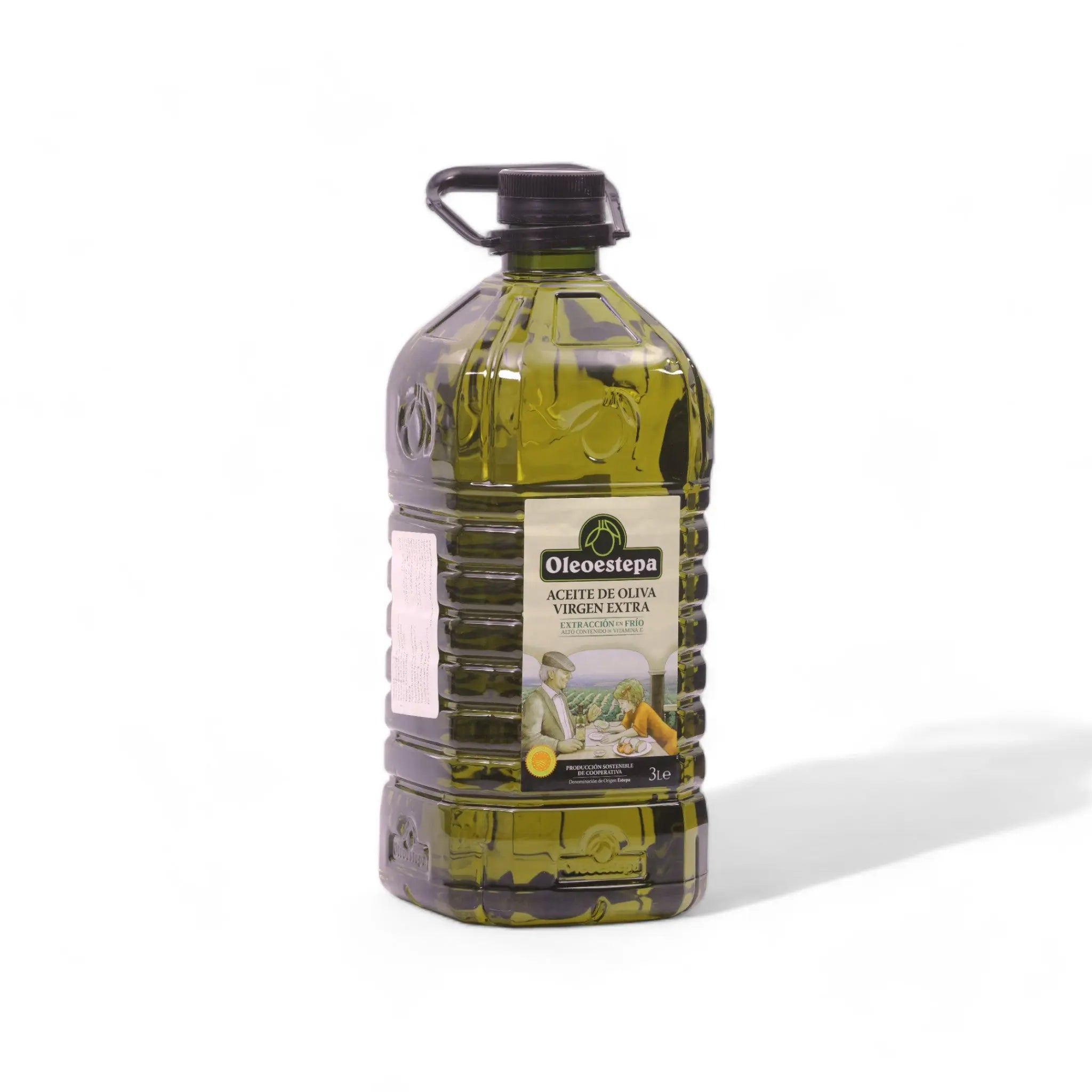 Close-up of Oleoestepa Extra Virgin Olive Oil bottle cap and handle - convenient design for easy pouring, premium cold extracted olive oil at Laupraal.