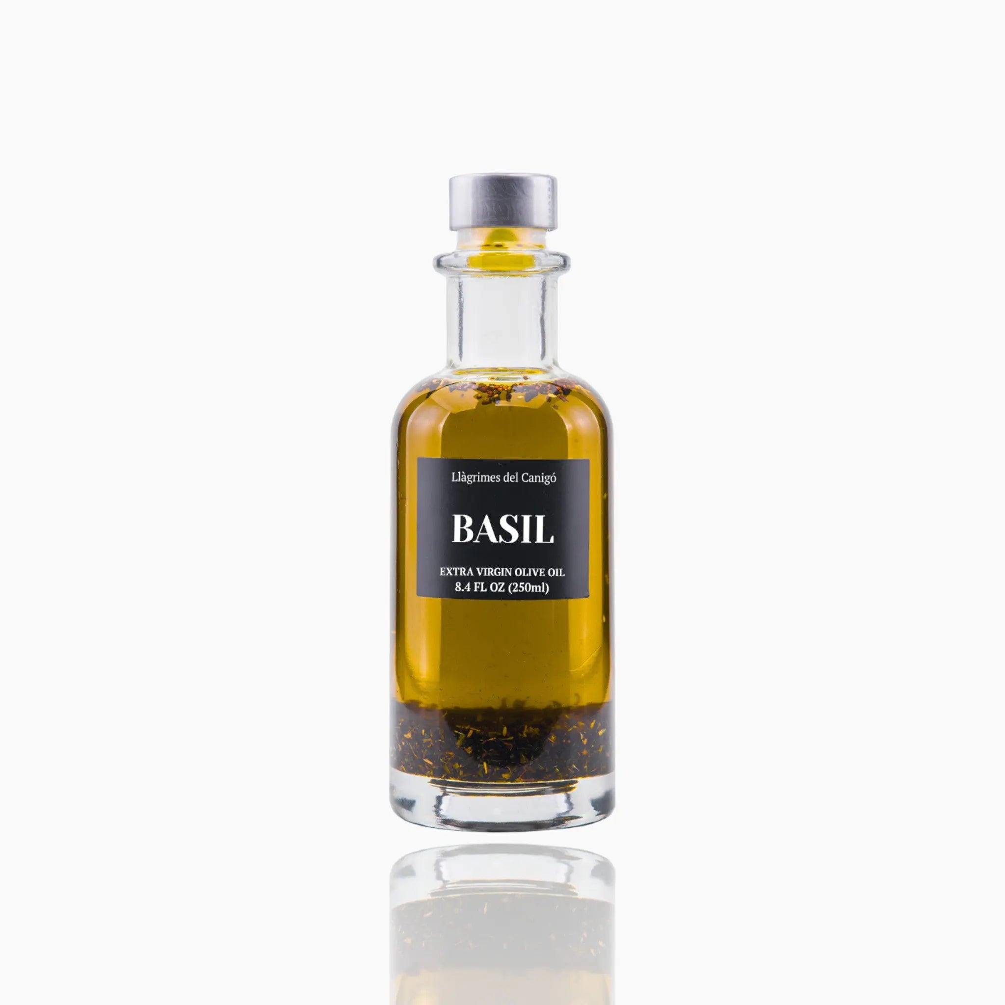 A glass bottle of premium basil-infused extra virgin olive oil, labeled with "Basil Extra Virgin Olive Oil, 8.4 fl oz.