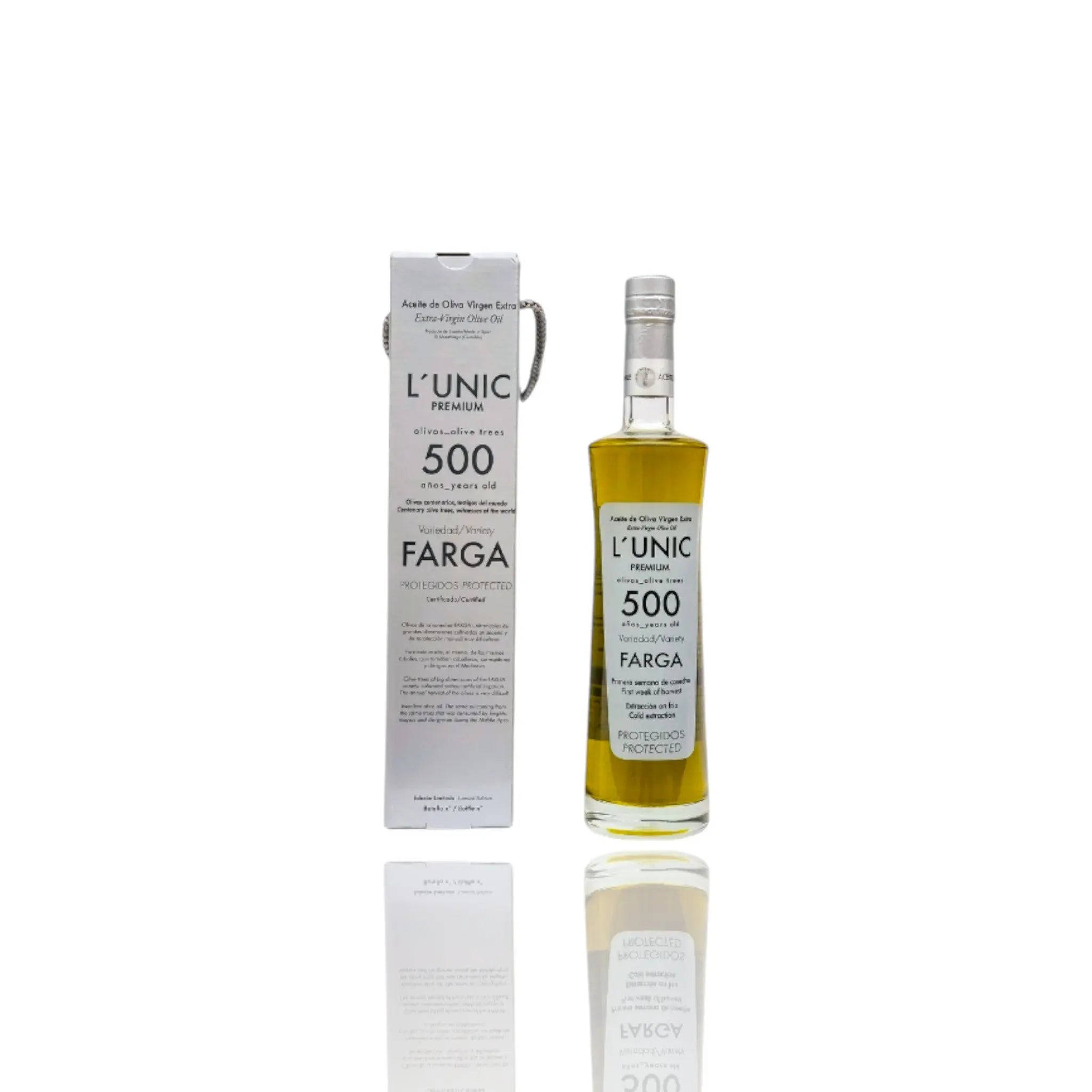 L'Unic 500 Millenary Farga Olive Oil - 500ml with elegant packaging.