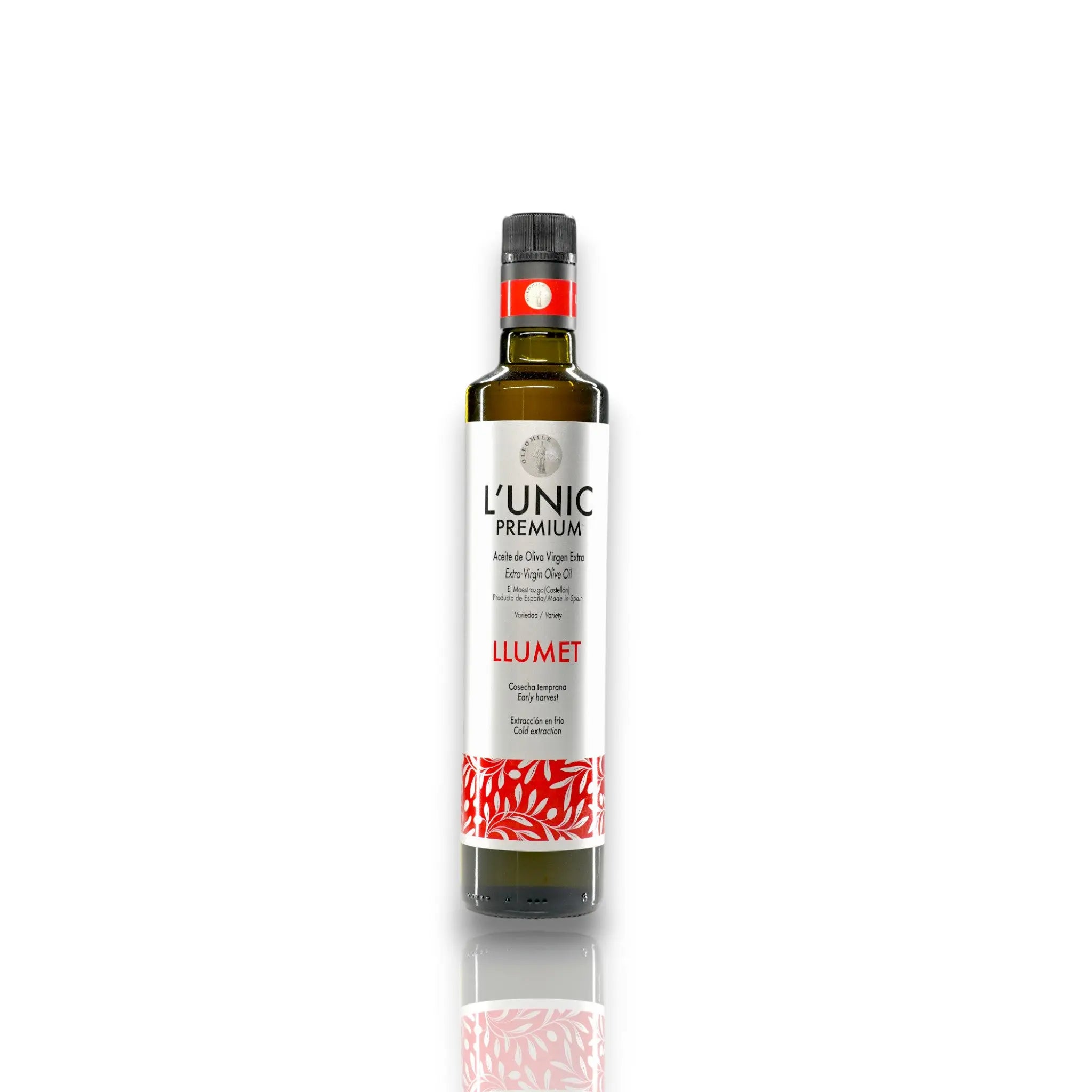 L'Unic Premium Extra Virgin Olive Oil, 500ml bottle of Llumet variety with elegant labeling.