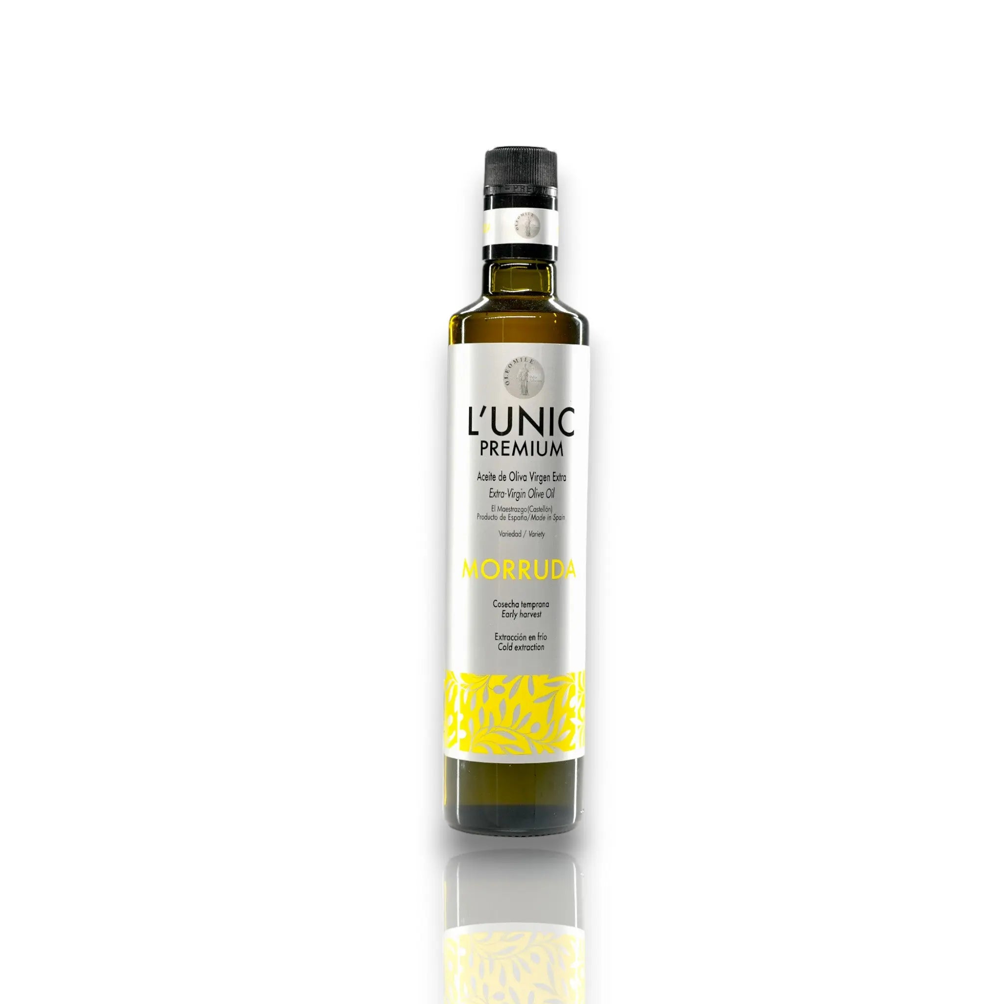 L'Unic Premium Extra Virgin Olive Oil, 500ml bottle of Morruda variety with elegant labeling