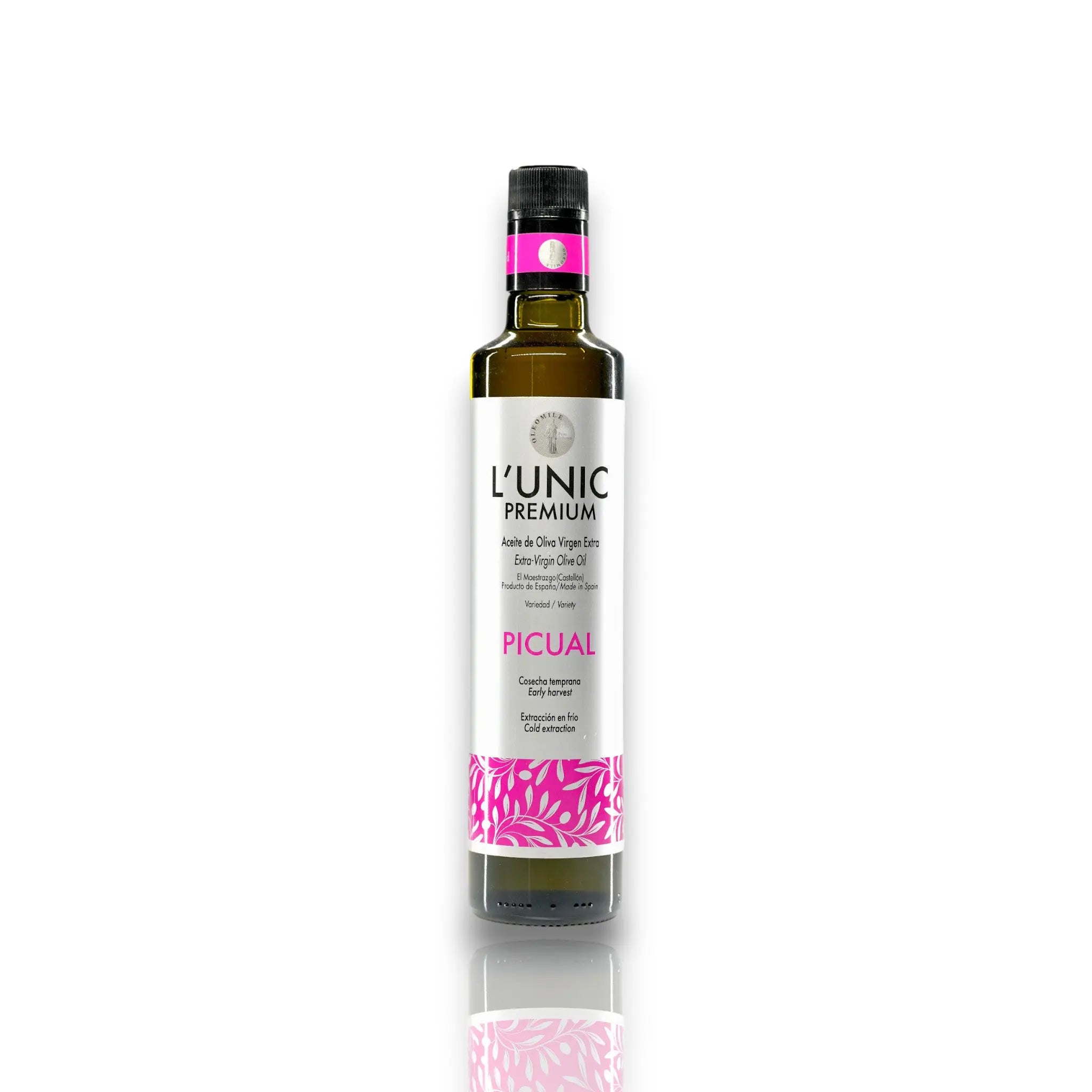 L'Unic Premium Picual Extra Virgin Olive Oil - 500ml in a sleek bottle with pink accents