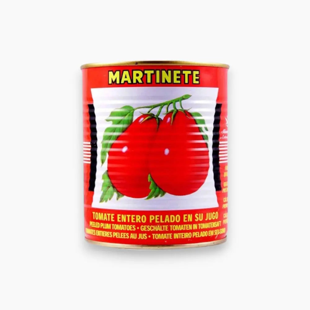 Martinete Whole Peeled Tomatoes in Juice, available in 425g, 850g, and 3kg sizes.